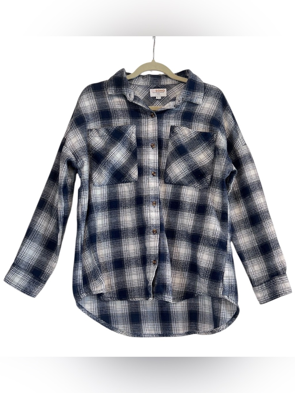 CI SONO Oversized Plaid Shacket Small Navy White Flannel Button Down Casual